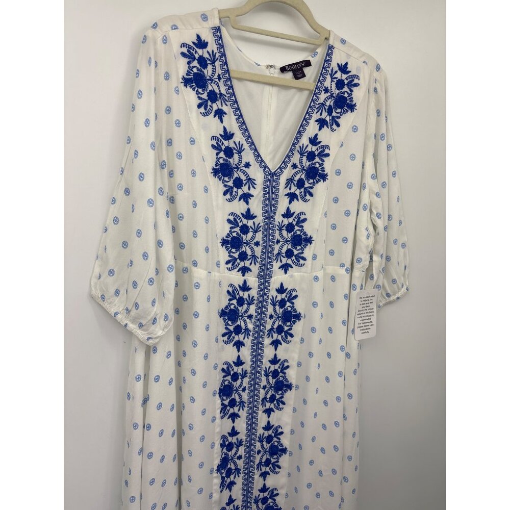 Roaman's Embroidered V-Neck Blouson Sleeve Midi Dress - Picture 3 of 7